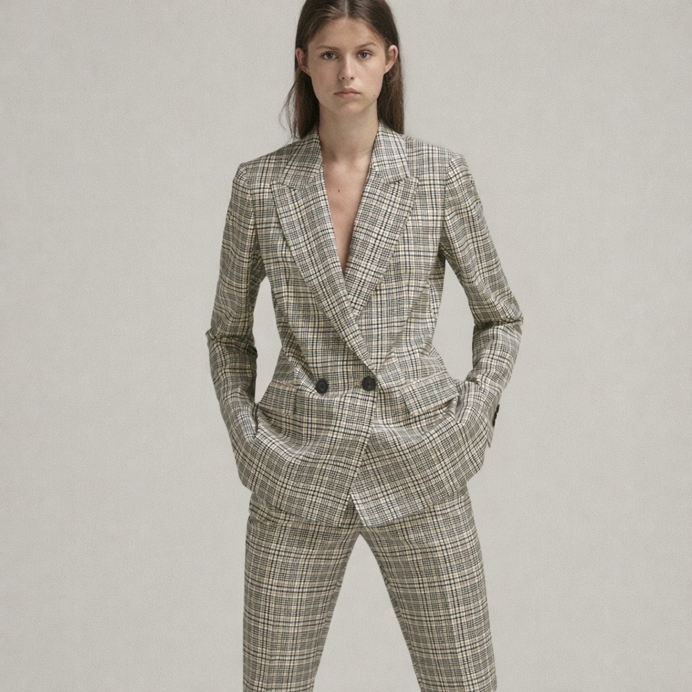 Massimo Dutti 100% Wool Checked Slim Fit Suit | Double-Breasted Blazer & Pants